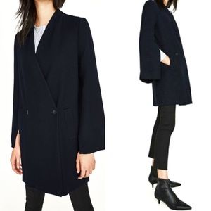 Zara Split-Sleeve Navy Blue Wool Blend Double Breasted Crossover Coat